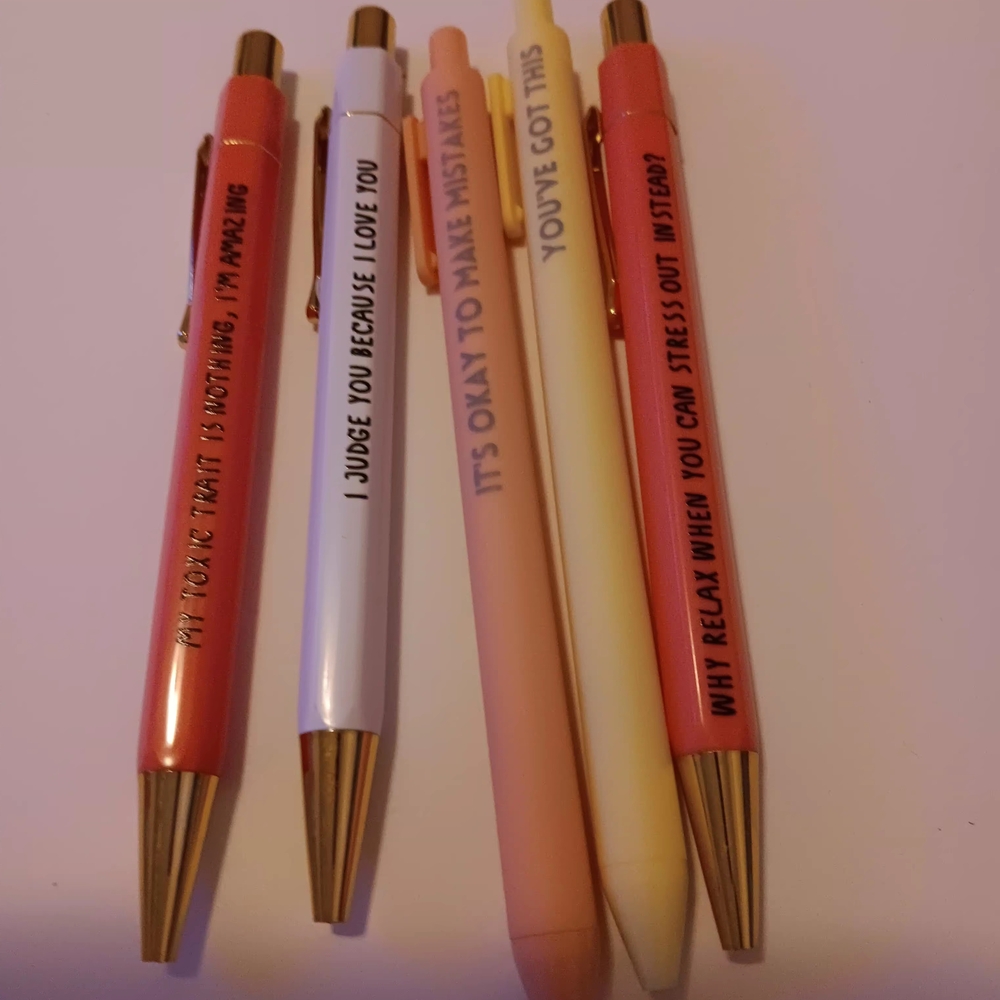🩷Writing Pens, Motivational Sayings Set Of 5, Pastels, 2 Styles Black Ink New